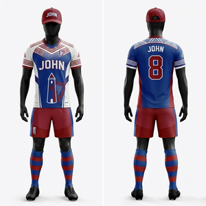 Tenue de football gaélique pour hommes en polyester doux, interlock, anti-humidité, avec empiècements latéraux bleus et rouges, personnalisable par sublimation avec nom et numéro - Product Image 1