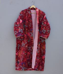 Kimono de terciopelo de algodón 100% para mujer, bata de verano, invierno, Floral, con cuello en V, cinturón, albornoz, Maxi vestido indio hecho a mano - Product Image 2