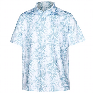 Men's Short Sleeve <b>Polo</b> <b>Shirt</b> Light <b>Blue</b> White Print Casual Breathable Woven 100% Polyester - Product Image 1