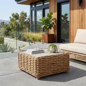 Table basse carrée en rotin naturel tressé avec plateau en pierre de béton, idéale pour la terrasse, décoration artistique pure pour la conception d'intérieur - Product Image 5
