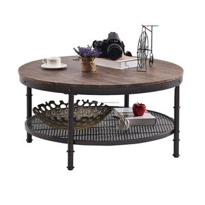 Wood & Metal Pipe Accent Coffee <b>Table</b> With Natural Wood Polish & <b>Black</b> Powder Coating Finishing Round Shape For <b>Living</b> <b>Room</b> - Product Image 2