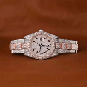 Montre de luxe pour homme avec chiffres arabes, sertie de diamants, en acier inoxydable doré rose, style entièrement serti de diamants - Product Image 6