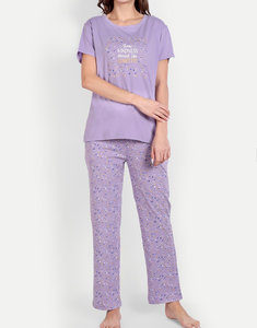 Usine de haute qualité nuit vers le bas femmes confortable pur coton vêtements de nuit imprimé pyjama ensemble à manches longues col rond haut et pantalon - Product Image 1