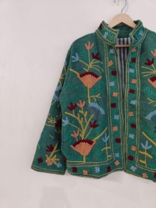 Veste en laine brodée florale bohème verte, col mandarin, manches longues, veste décontractée courte, vêtements d'automne pour adultes - Product Image 4