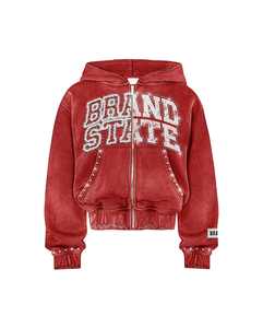 Exquisito aplique de diamantes de imitación con cremallera de gran tamaño francés Terry Drop Shoulder Vintage lavado con ácido Sudadera con capucha desgastada chándal - Product Image 3