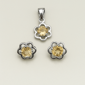 Conjunto de Collar y Aretes de Plata de Ley 925 con Citrino Floral de 3 Piezas para Mujer, Chapado en Rodio, Regalo para Bodas y Fiestas, Rhaya Jewels - Product Image 1