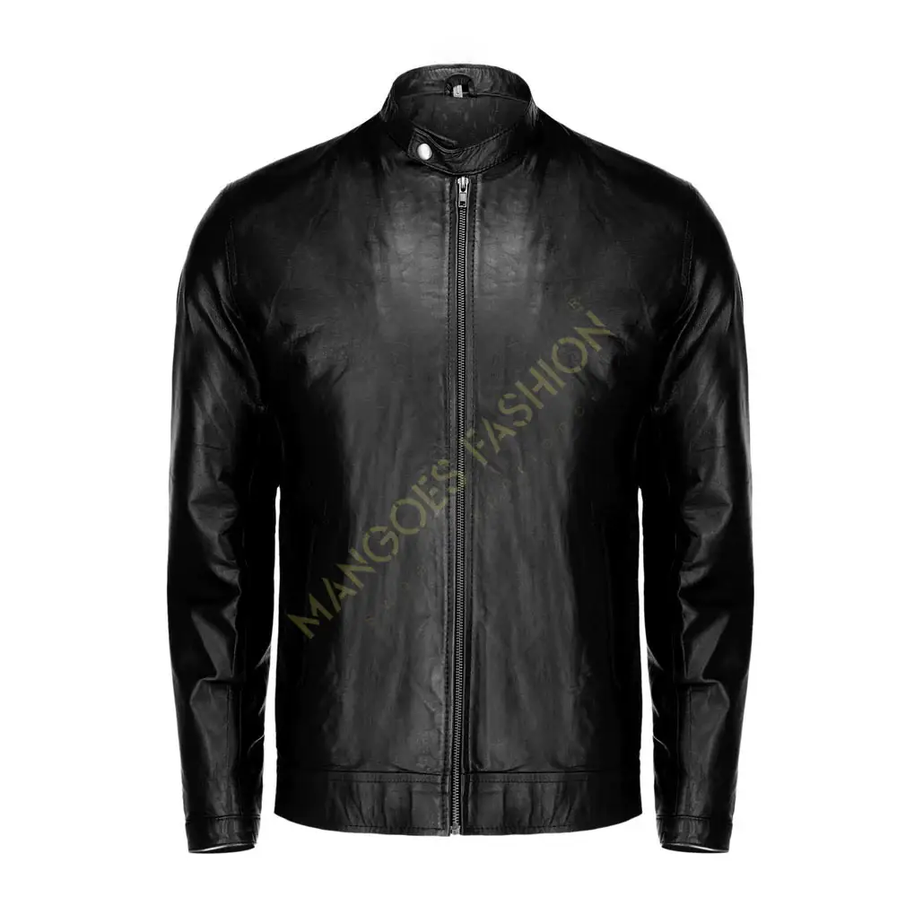 メンズブラックピュアシープレザージッパージャケット-100% リアルシープスキン、ポリエステルライニング、2つの内ポケット