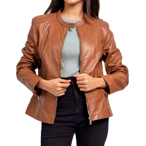 Veste en cuir de mouton vintage pour femme, style motard, véritable vêtement d'extérieur, doublure en coton respirant à rayures tricotées - Product Image 1