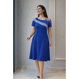 Vestido midi de viscosa con detalle de rayas y hombros descubiertos de manga corta para mujer, 32992 - Product Image 1