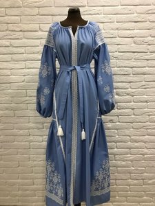 Robe longue bohème d'automne à col en V en coton tissé avec broderie florale et manches longues à taille naturelle - Product Image 4