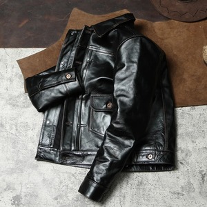 Livraison gratuite US classique décontracté en cuir véritable veste hiver hommes Vintage noir peau de mouton toile Safari manteau rétro 506 - Product Image 4