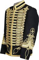 Veste d'artillerie royale en tissu noir avec col rouge et tresse dorée, style Napoléon, pour cavalerie victorienne.
