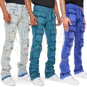 Workout celana Jeans Denim tumpuk modis warna kustom dengan saku