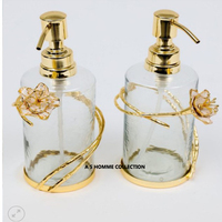 Distributeur de savon en verre gris au design fantastique avec motif floral doré, accessoire de salle de bain décoratif, élégant porte-accessoires de coiffeuse
