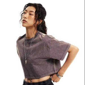 T-shirt court en coton vintage délavé à l'acide imprimé sur des épaules tombantes T-shirt court pour femmes Boxy pour hommes - Product Image 1