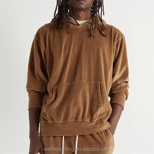 Custom heavyweight No Drawstring Vintage Velvet Plain Velour Hoodie para hombres - Product Image 4