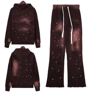 ชุดวอร์มแทรคสูทแบบสเวตแพนท์สั่งทำพิเศษ ลวดลายย้อมสีแบบแอซิดวอช พร้อมเสื้อฮู้ดซิปประดับคริสตัล และกางเกงวอร์มขาบาน ชุดเซ็ตคุณภาพสูง - Product Image 3