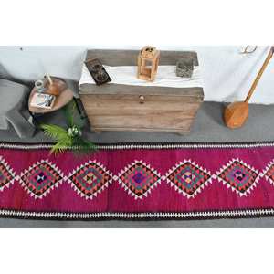 Alfombra de lana negra púrpura Kilim 2,6 X 12.3ft Técnica de Jacquard de tejido plano turco con patrón abstracto para adolescentes para pasillo - Product Image 5