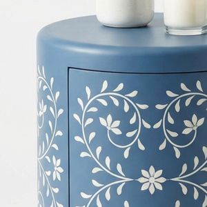 All New Handcrafted Bone Inlay Round <b>Side</b> <b>Table</b> Luxury Blue Floral Pattern Drum Bedside <b>Table</b> With <b>Storage</b> Drawer For Home & Hot - Product Image 4