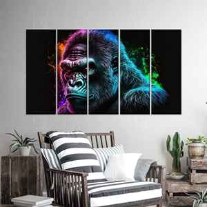 Vibrante arte abstracto de gorila, decoración de pared impresa en lienzo para sala de juegos moderna, juego de 5 lienzos - Product Image 1