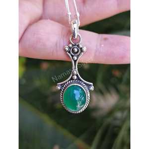 925 <b>Solid</b> Sterling <b>Silver</b> <b>Necklace</b> for Women Green Onyx Pendant Geometric Chain Boho Jewelry Gift Featuring Green Onyx Gemstone - Product Image 2