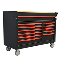 Coffre à outils mobile professionnel noir et rouge à douze tiroirs avec plan de travail en bois pour l'organisation de garage et d'atelier
