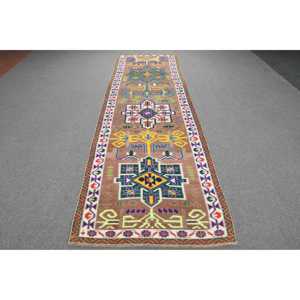 Vintage Turkish Rug 3.2x10.6 ft Eco Friendly Herki <b>Brown</b> Bordered Patchwork <b>Wool</b> Rug with Latex Backing - Product Image 1