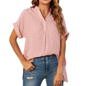 2025 <b>women</b> polyester v neck blouse breathable casual summer t <b>shirt</b> <b>loose</b> fit solid color woven style lightweight top wholesale - Product Image 3