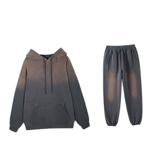 Brown Grey Acid Washed Hoodie Tracksuit Men <b>Vintage</b> Fleece Pullover <b>Sweatshirt</b> Jogger Pants Set Minimal Streetwear Winter Outfit - Product Image 6