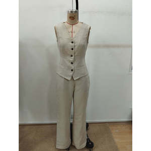 Ensemble deux pièces en lin pour femme, chemisier sans manches boutonné devant et pantalon, 36006 - Beige - Product Image 5