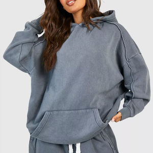 Sudadera con capucha extragrande de algodón 100% para mujer, sudadera con detalle de costura lavada Vintage, conjunto de 2 piezas con logotipo frontal corto de invierno, estilo de otoño 3D - Product Image 1