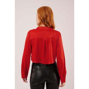 Lustrin Women's <b>Red</b> Satin Crop <b>Blouse</b> Shirt, Elegant Short Sleeve Top for Wholesale, Stylish Polyester Elastane Fabric - Product Image 4