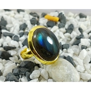 <b>Adjustable</b> Brass <b>Ring</b> 18K Gold Plated Labradorite Gemstone Casual Style Bezel Setting Free <b>Size</b> Gift - Product Image 1