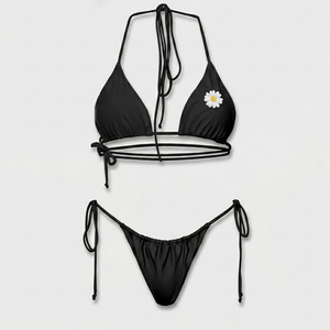 Women Black <b>Triangle</b> <b>Bikini</b> <b>Set</b> 200 GSM Nylon Spandex Soft Stretch Fabric Daisy Print Custom Logo String Tie Women <b>Bikinis</b> <b>Set</b> - Product Image 1