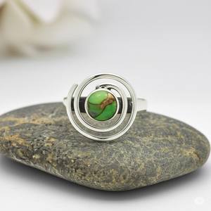 แหวนเงินสเตอร์ลิง925แข็งสีเขียวทองแดงเทอร์ควอยส์ทรงกลมขนาด7มม. เครื่องประดับแฟชั่นทำมือสำหรับผู้หญิง - Product Image 3