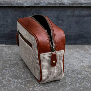 Canvas & Leather Toiletry Bag with Zipper Closure Classic Houndstooth Pattern <b>Medium</b> Size Durable Travel <b>Case</b> - Product Image 6