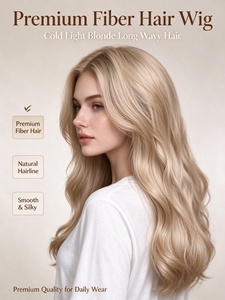 Perruque en fibres capillaires blondes froides, longue et ondulée, aspect cheveux naturels, ligne de cheveux naturelle, lisse et soyeuse, pour usage quotidien - Product Image 2