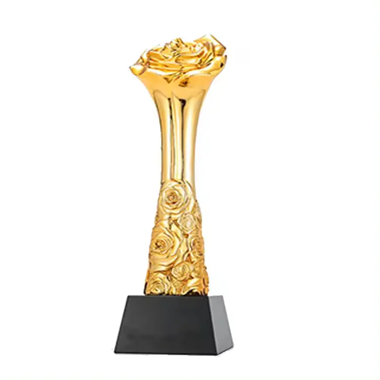 Trofi logam ukiran mawar indah kreatif, piala logam atasan mawar emas Oscar untuk penghargaan Promosi kesempurnaan