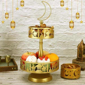 Élégant plateau de service rond en or à 2 niveaux, parfait pour le décor du Ramadan, support à desserts, centre de table de l'Aïd et affichage à la maison - Product Image 1