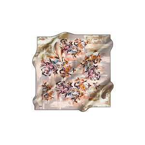 Vintage Designer <b>Silk</b> <b>Scarf</b>-Beige Floral Square Crepe Satin - Product Image 1
