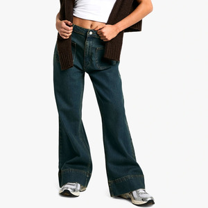 Primavera y verano nuevo diseño Indigo Petite Pantalones rectos de tiro medio cintura ancha parche bolsillo Vintage Casual Jeans para mujer - Product Image 3