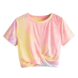 100% coton cravate teinture haut court T-Shirt anti-rétrécissement décontracté été tricoté T-Shirt avec Logo avant pour les fêtes - Product Image 2