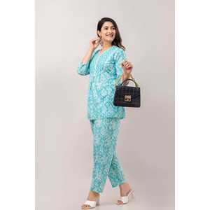 Bleu turquoise imprimé fleuri miroir travail col en V haut et pantalon pur coton ensemble pour femmes - Product Image 5