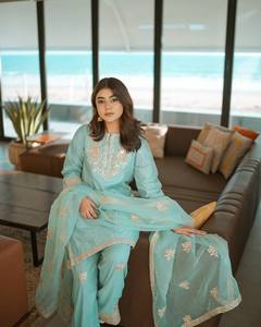 Nouveau Designer Collection Chinnon soie Salwar Kameez haut-bas Dupatta ensemble entièrement cousu prêt à porter 3 pièces costume de fête indien - Product Image 2