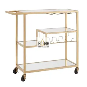 Luxury Hotel Carts Handmade Large Modern Antique Designer Decoration With Golden Color Border Glass Metal Serving Trolleys