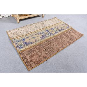 Alfombra de retazos de lana azul Beige Vintage 2x3 pies hecha a mano Boho clásico rectángulo pasillo diseño para cama habitación sala de estar látex de felpa - Product Image 2