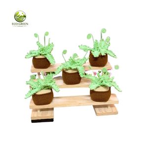 Handcrafted Crochet Ferns in Brown Pots on Wooden Shelf Indoor Living Room Decor Environment-Friendly - Product Image 1