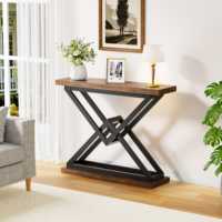 Table console étroite industrielle, table de canapé en bois brun rustique avec pieds en métal noir pour entrée