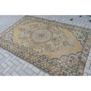 Handmade <b>Traditional</b> Yellow Beige Wool <b>Rug</b> 5.7 X 9 ft Rectangle Patchwork Design Latex Backing-for Living Room Bedroom Hallway - Product Image 4