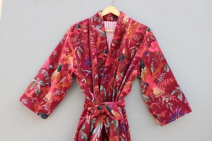 Kimono de terciopelo de algodón 100% para mujer, bata de verano, invierno, Floral, con cuello en V, cinturón, albornoz, Maxi vestido indio hecho a mano - Product Image 3
